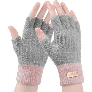 Women's Gray Pink Half Fingers Fingerless Cozy Lining Knitted Mittens Gloves